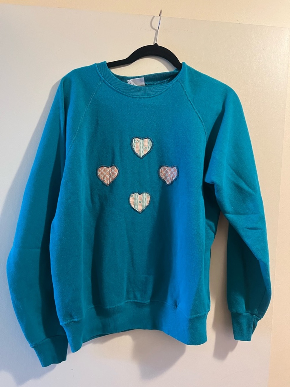 Lee Teal Crewneck Sweater with Heart Appliqués